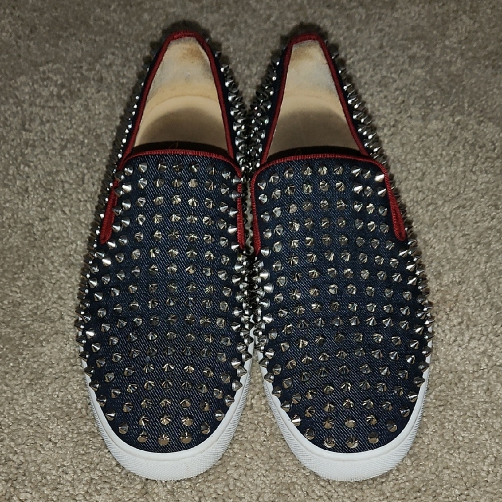Used Christian Louboutin Men's Studded Slip-On Shoes - Black and Red